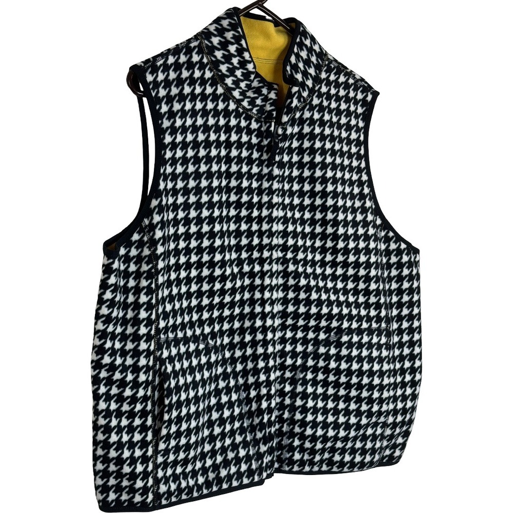 Reversible Fleece Vest Womens 2X Black White Houndstooth Mustard Yellow Full Zip - Picture 2 of 11